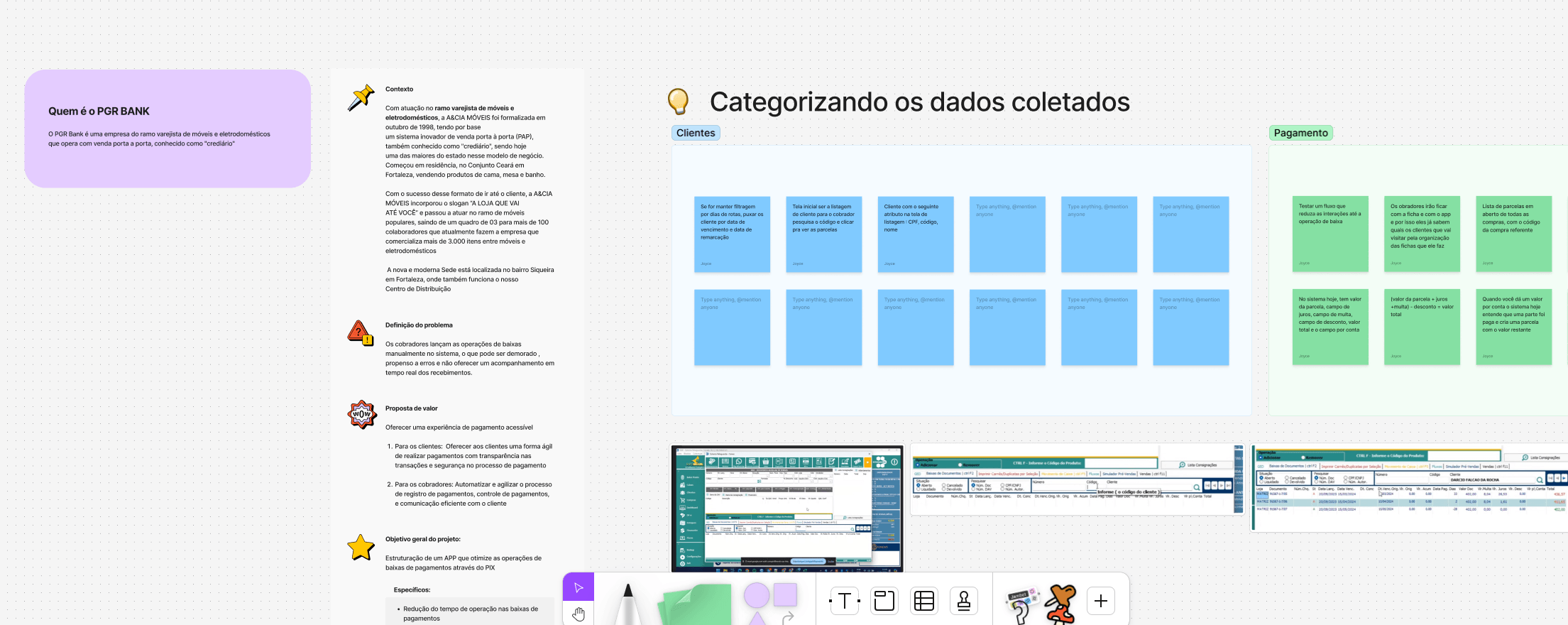 Board de discovery: contexto da A&CIA Móveis, definição do problema e dados coletados agrupados por clientes e pagamento