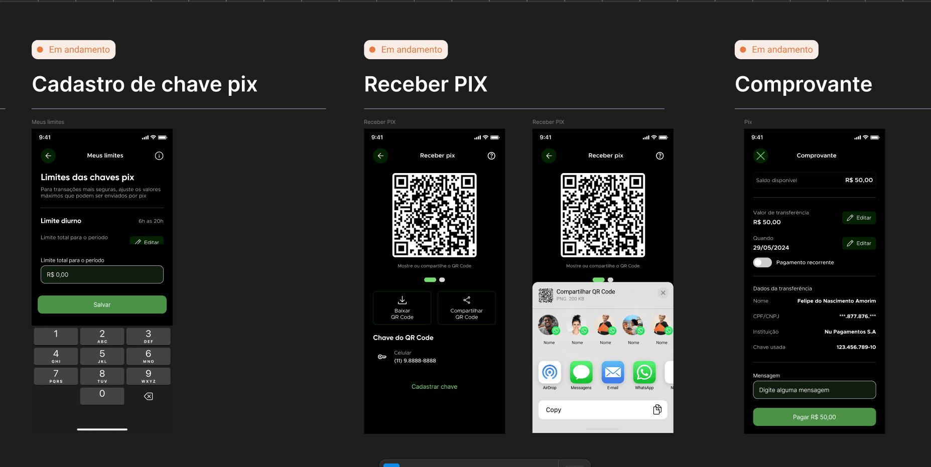 Fluxo de PIX: cadastro de chave, QR Code para receber e comprovante