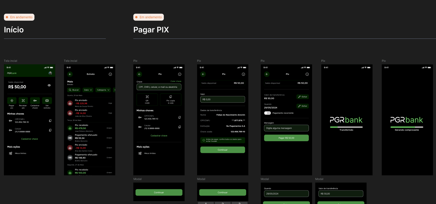 Telas de início e pagamento via PIX