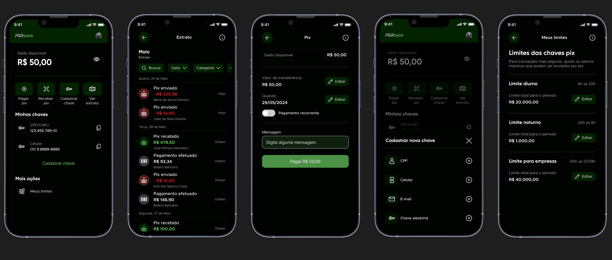 Telas do app PGR Bank em modo escuro: saldo, extrato, cobrança e pagamento