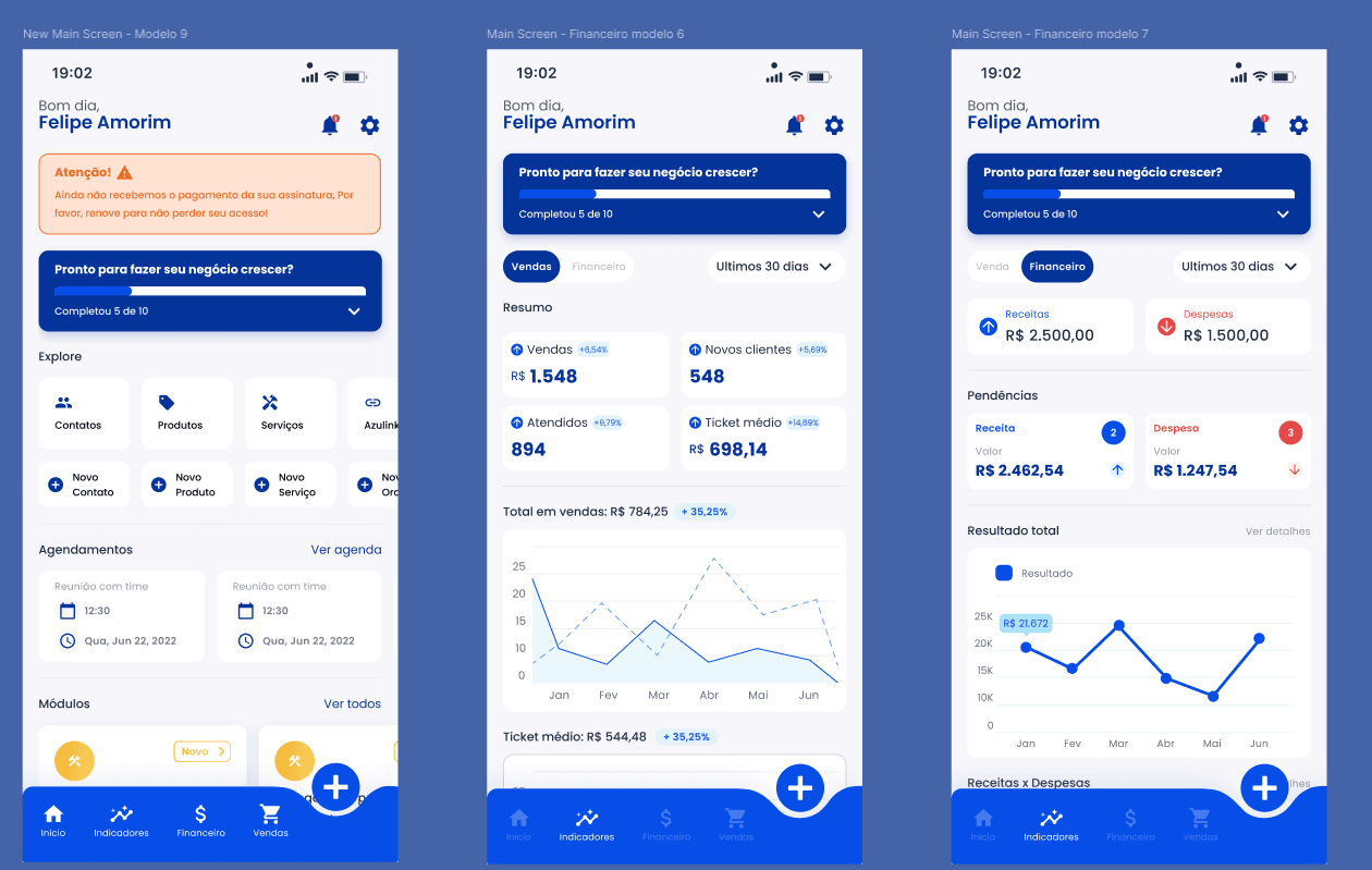 App do Azulou: início, agenda e financeiro