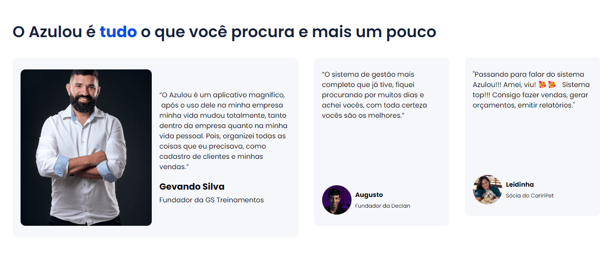 Seção de depoimentos da landing do Azulou
