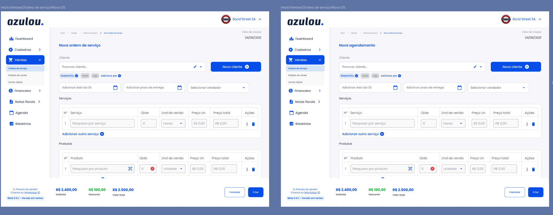 Telas web do Azulou: listagens e cadastros