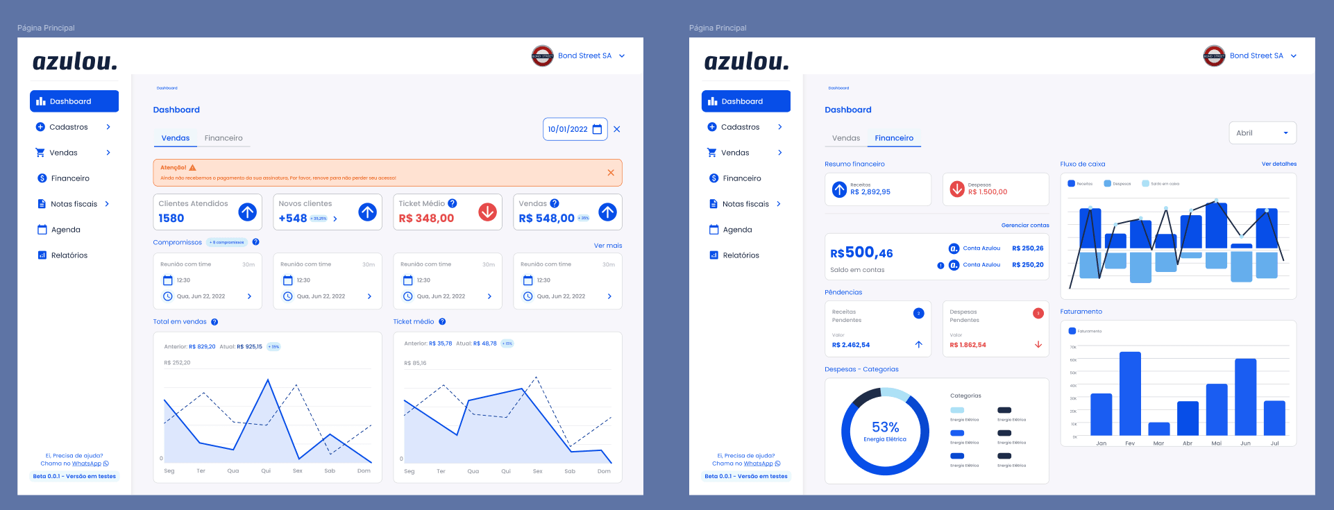 Dashboards do Azulou com vendas, financeiro e gráficos