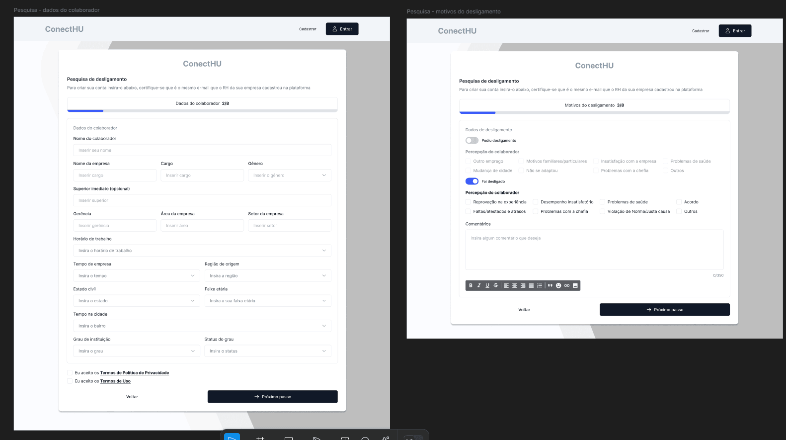 Telas de detalhes e configurações