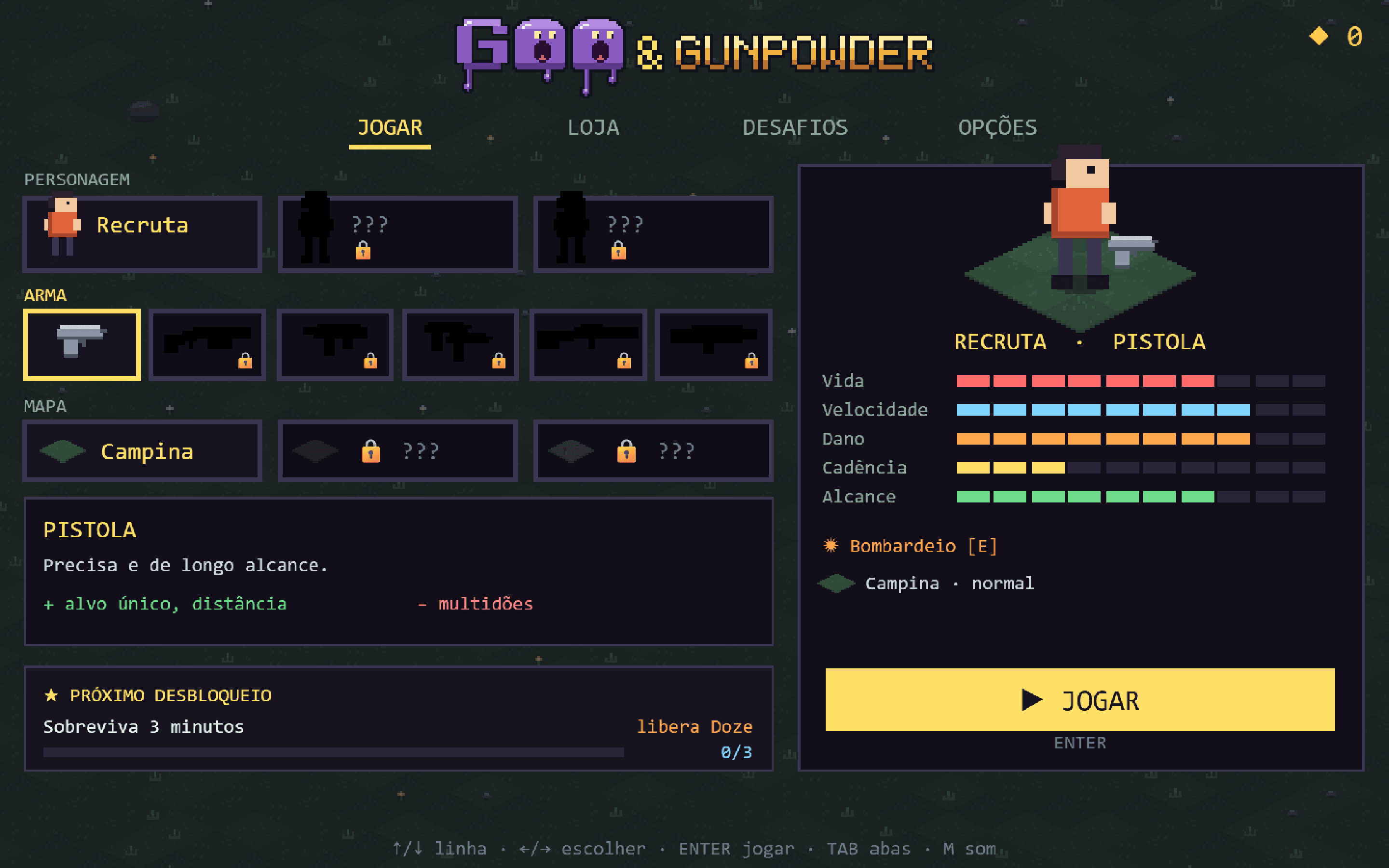 Menu: character, weapon and map, with the next unlock always in view