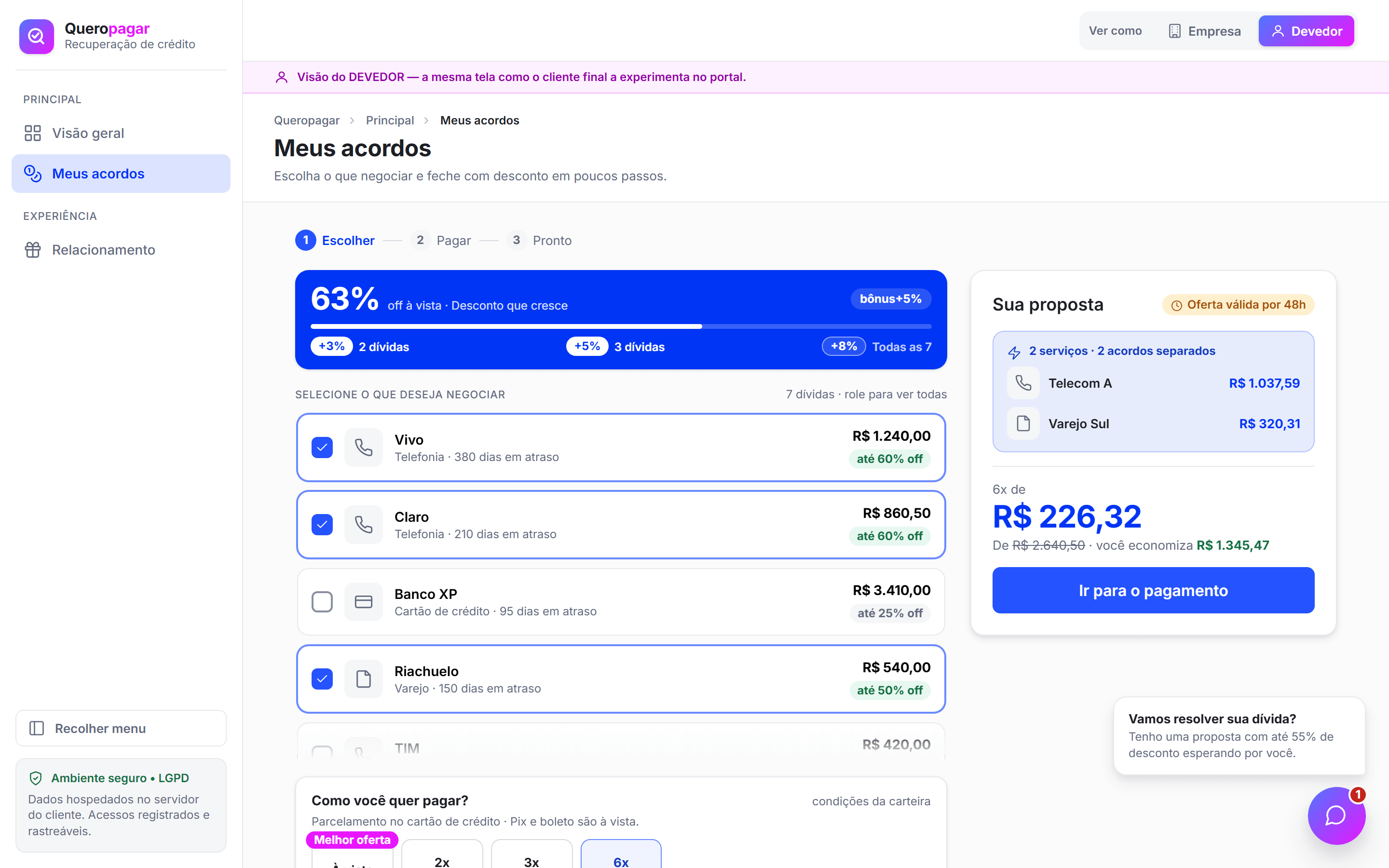 Portal do devedor: escolha das dívidas, desconto que cresce ao juntar e proposta com economia em destaque