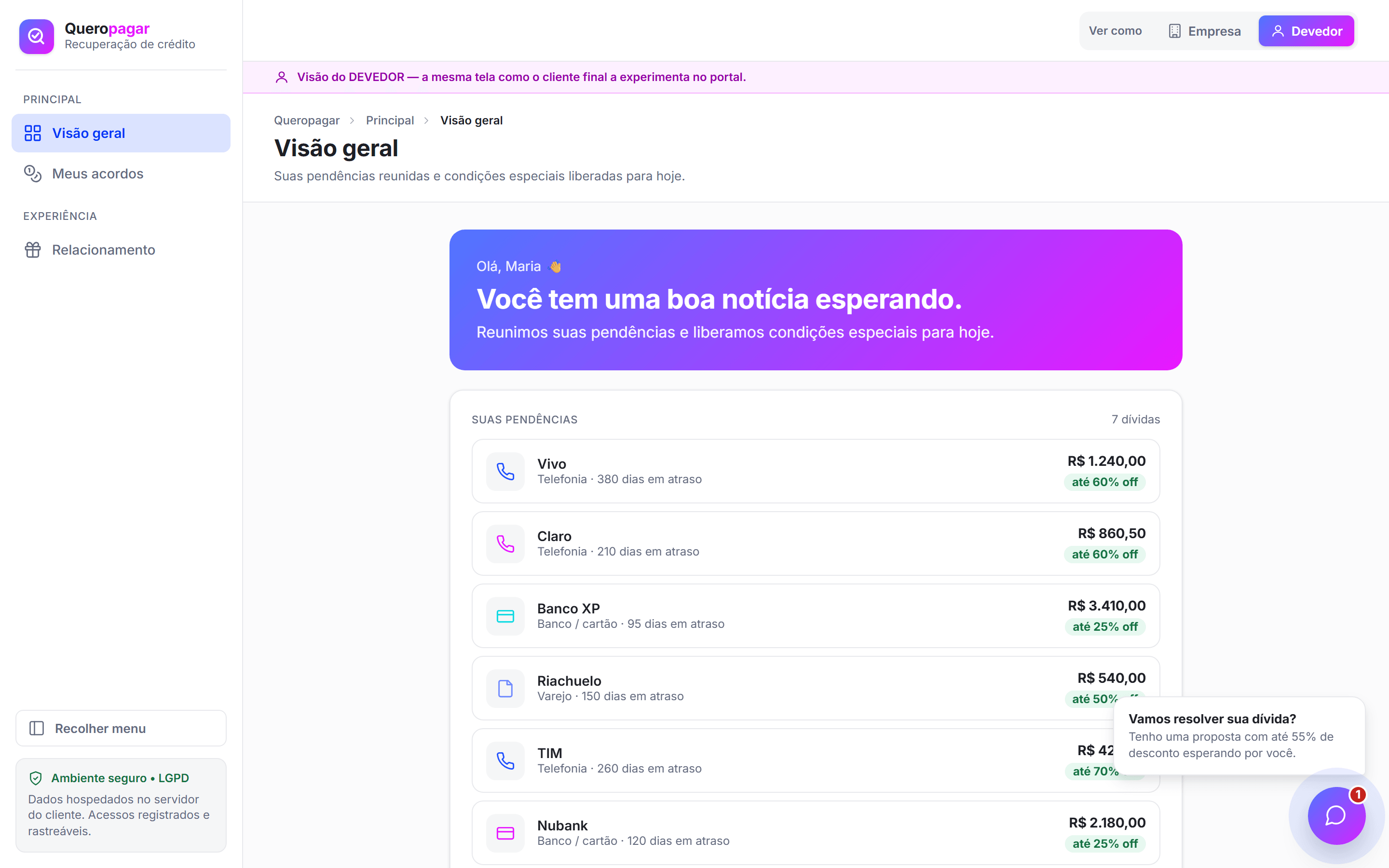 Portal do devedor: pendências reunidas com o desconto disponível em cada uma