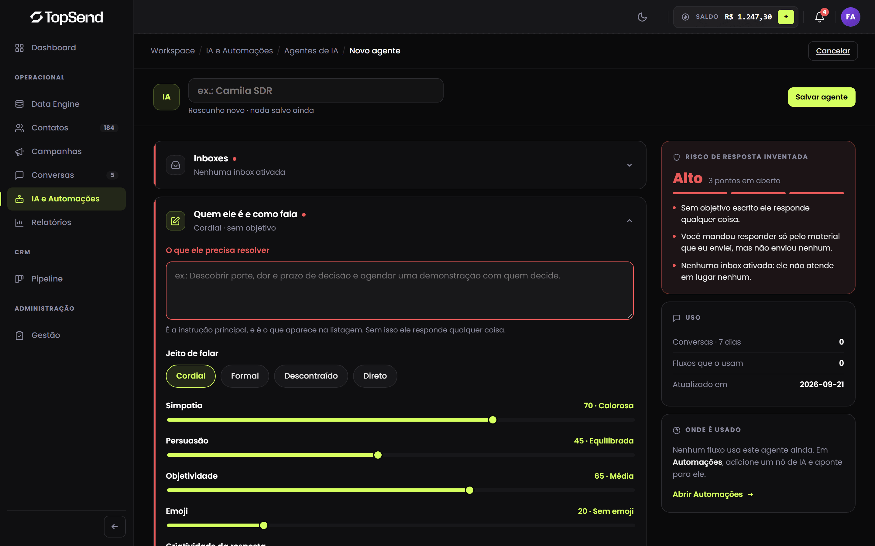 Configuração de um agente de IA na vertical iGaming
