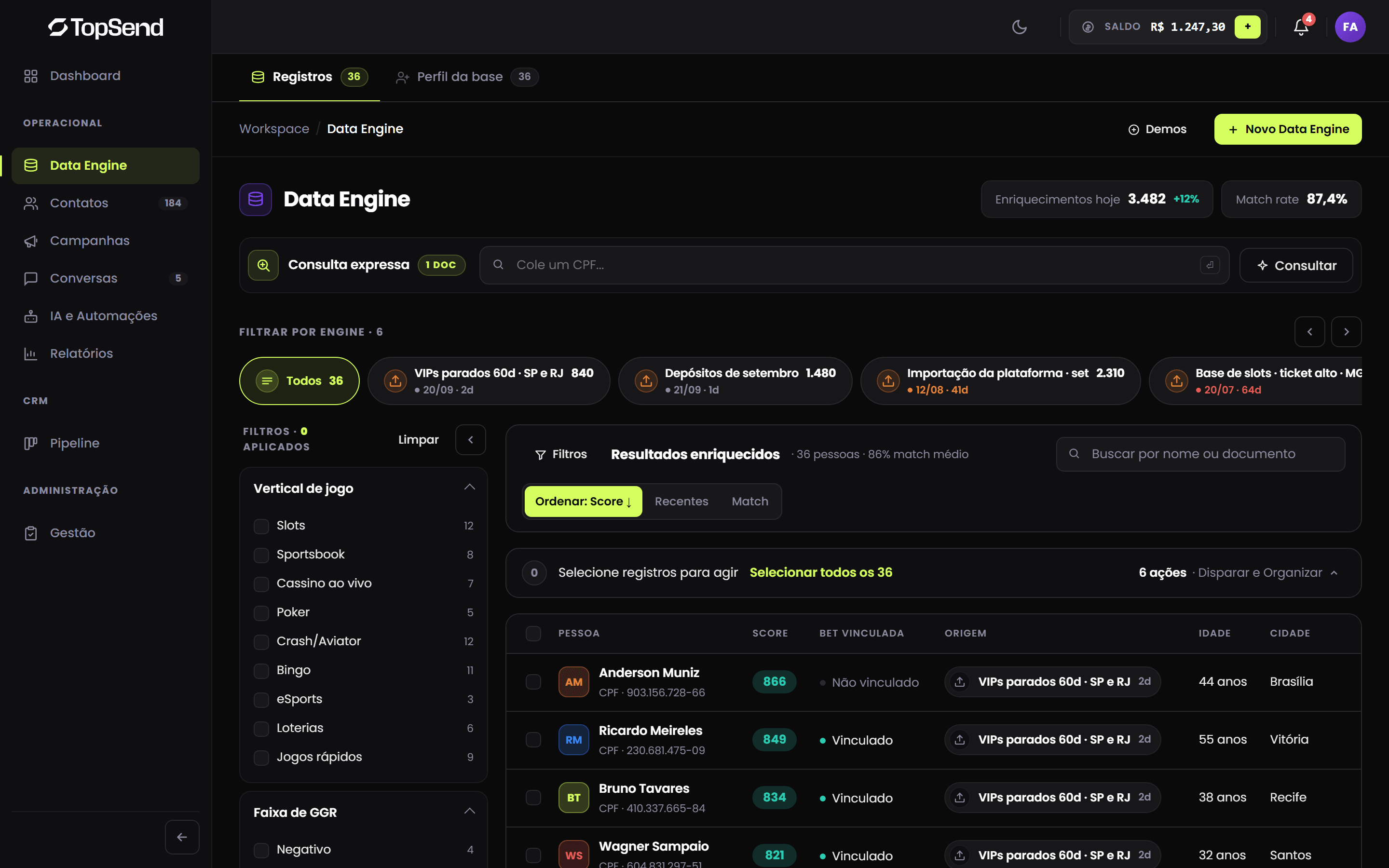 Data Engine da vertical iGaming para enriquecimento da base de VIPs
