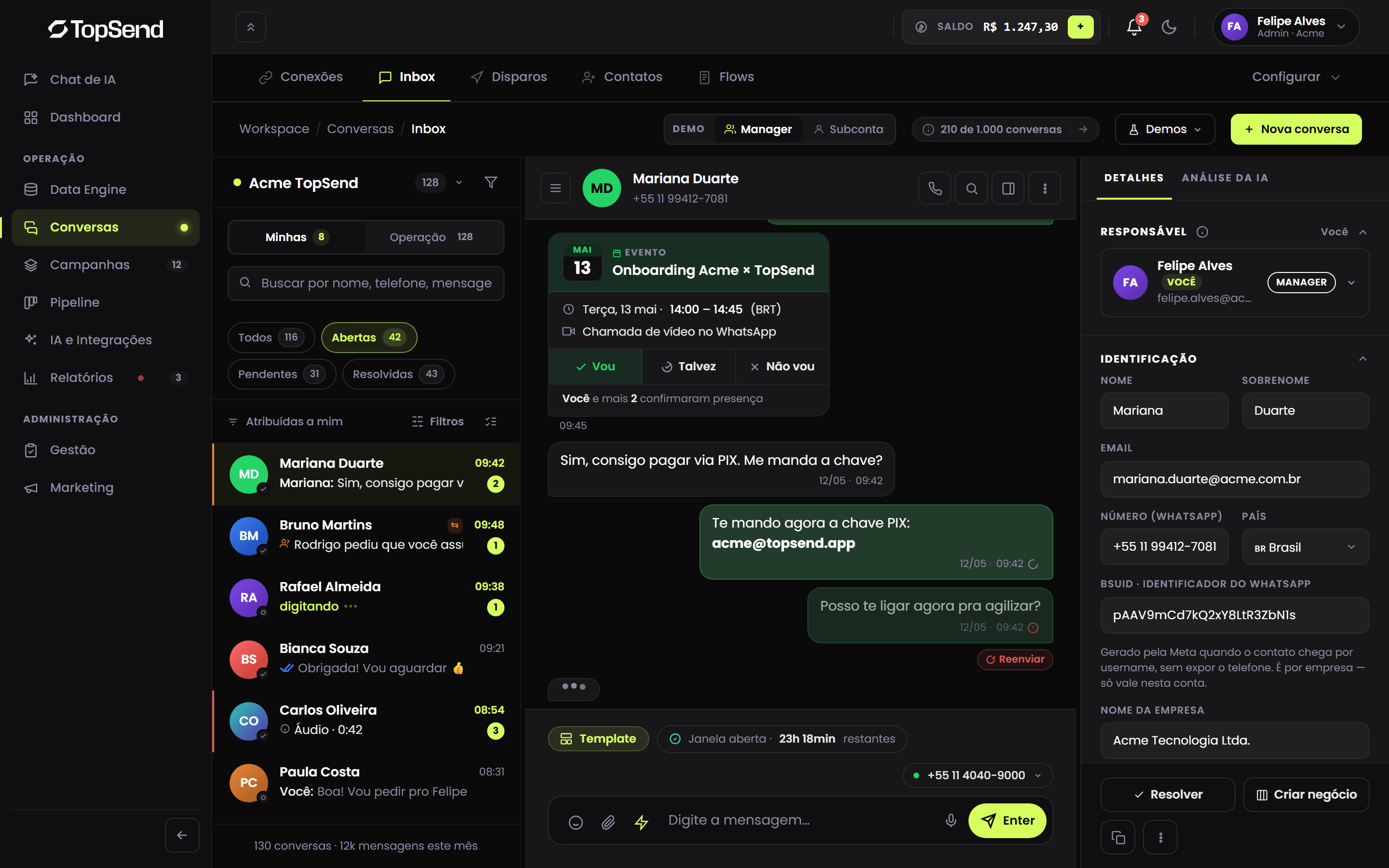 Inbox de WhatsApp com lista de conversas, chat aberto e painel de dados do contato