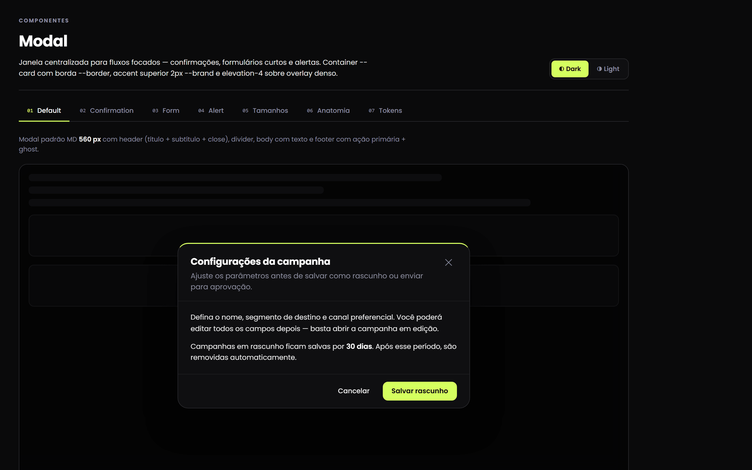 Modal de configuração de campanha